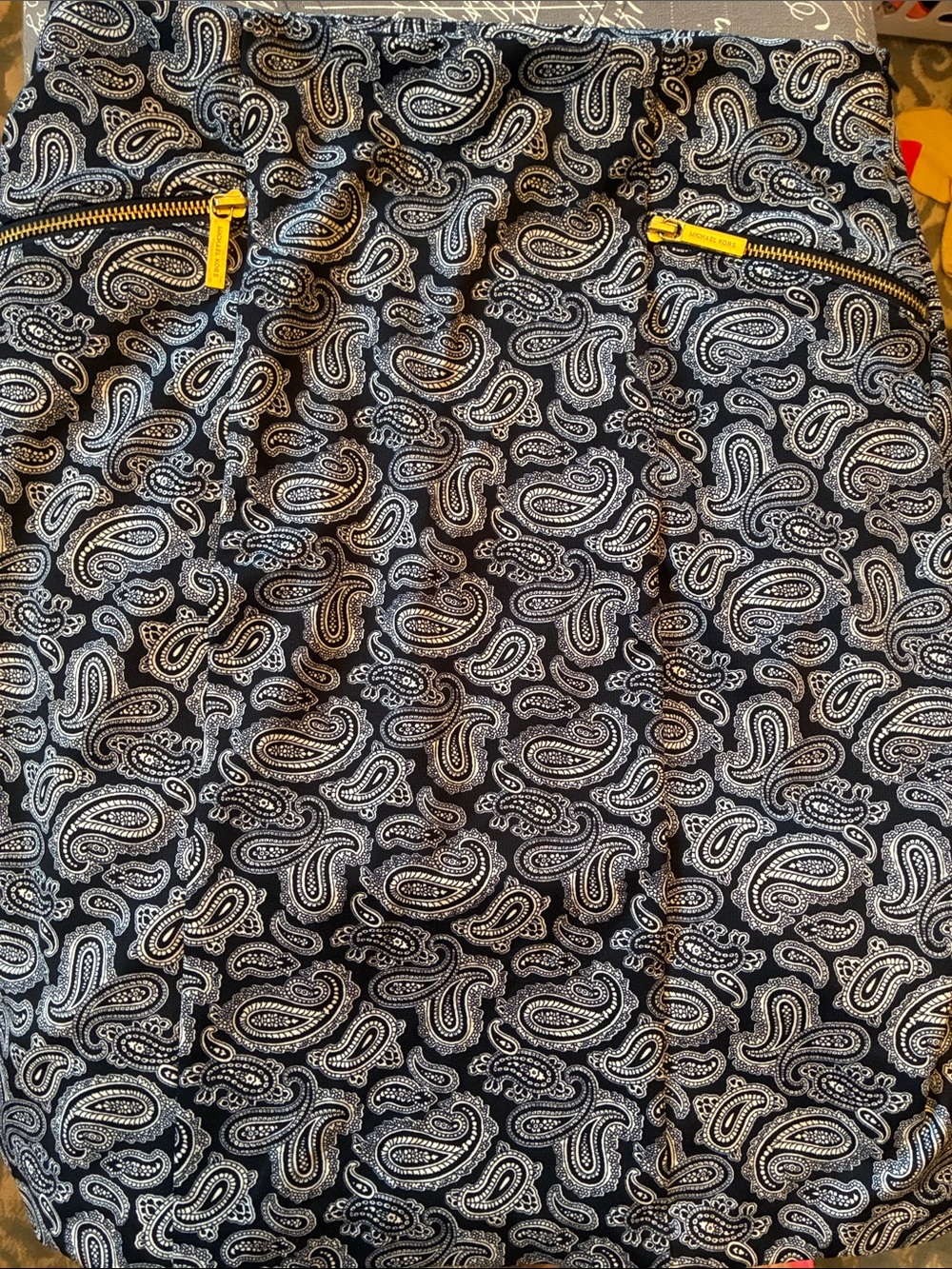 MICHAEL Michael Kors Black and White Paisley Mini Skirt with Yellow Zip Detail